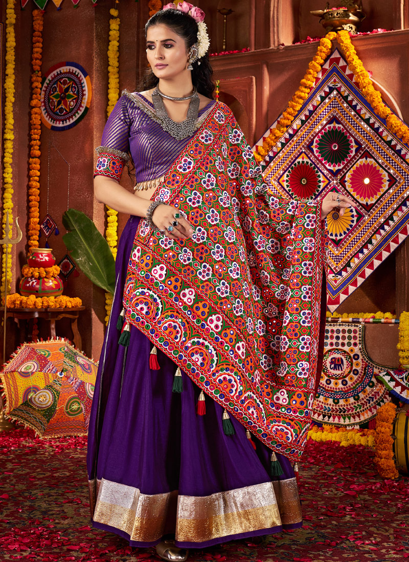 Purple Silk Thread Embroidered Navratri Chaniya Choli