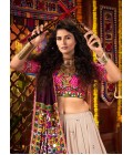 Beige Viscose Cotton Thread With Mirror Work Navratri Chaniya Choli