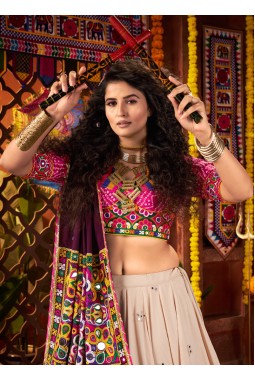 Beige Viscose Cotton Thread With Mirror Work Navratri Chaniya Choli