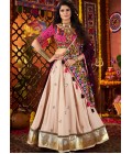 Beige Viscose Cotton Thread With Mirror Work Navratri Chaniya Choli
