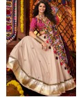 Beige Viscose Cotton Thread With Mirror Work Navratri Chaniya Choli