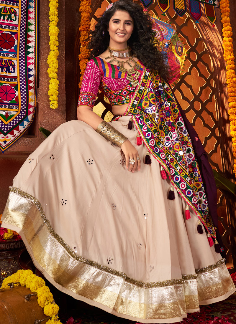 Beige Viscose Cotton Thread With Mirror Work Navratri Chaniya Choli