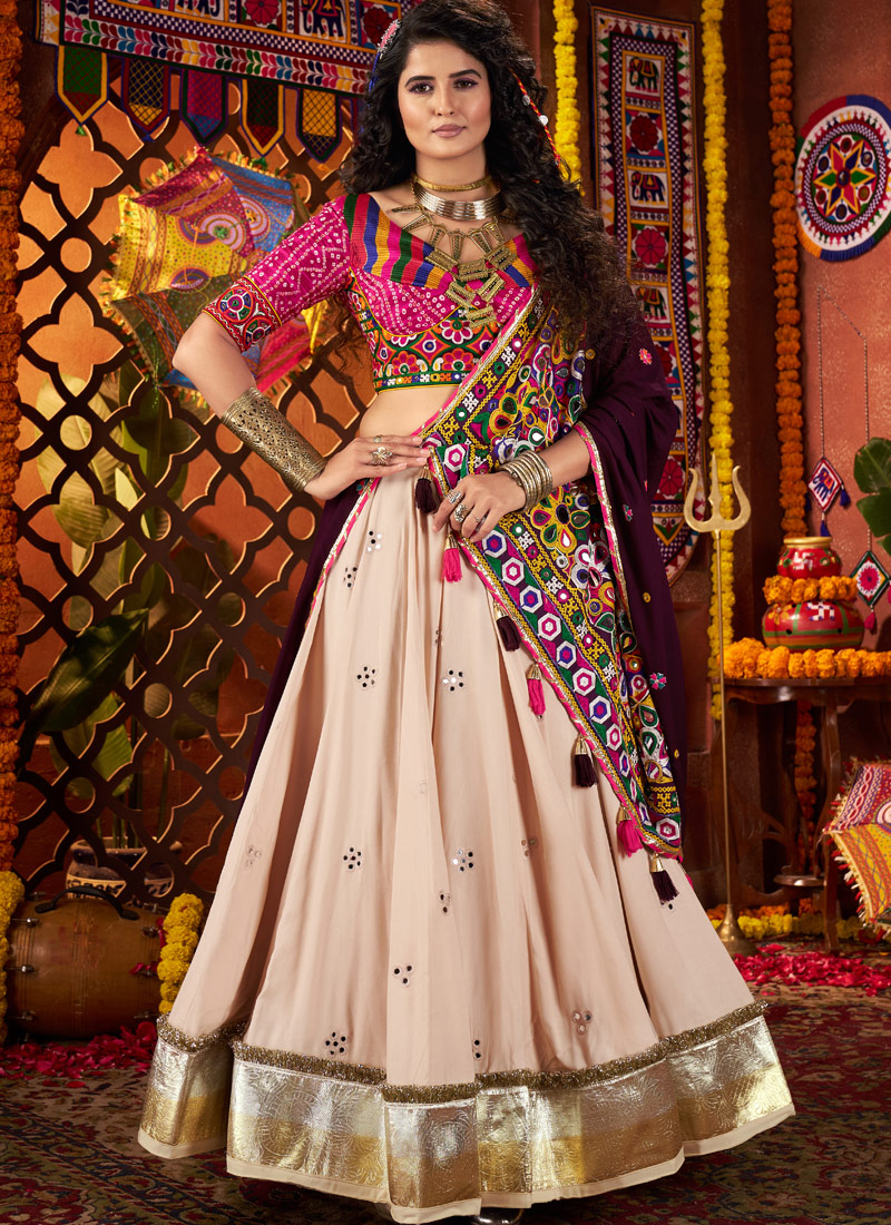 Beige Viscose Cotton Thread With Mirror Work Navratri Chaniya Choli