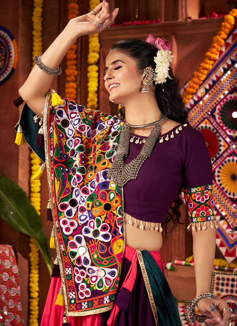 Multi Color Viscose Cotton Thread With Mirror Work Navratri Chaniya Choli