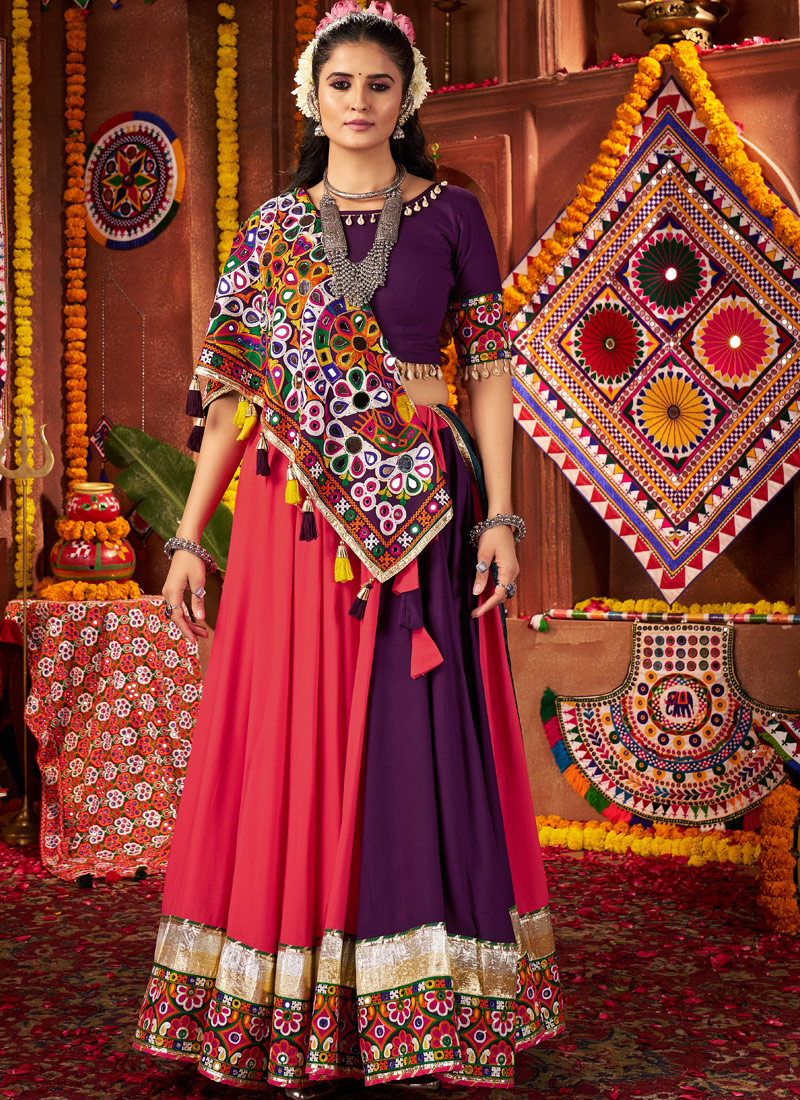 Multi Color Viscose Cotton Thread With Mirror Work Navratri Chaniya Choli