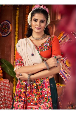 Teal Blue Viscose Cotton Mirror Kutchi Work Navratri Chaniya Choli