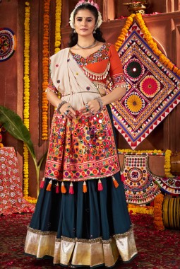 Teal Blue Viscose Cotton Mirror Kutchi Work Navratri Chaniya Choli