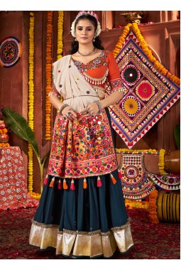 Teal Blue Viscose Cotton Mirror Kutchi Work Navratri Chaniya Choli