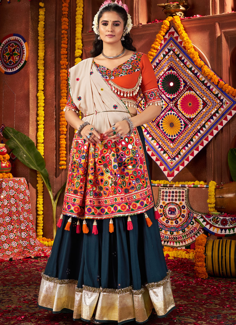 Teal Blue Viscose Cotton Mirror Kutchi Work Navratri Chaniya Choli