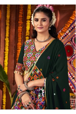 Green Viscose Cotton Thread With Mirror Work Navratri Chaniya Choli