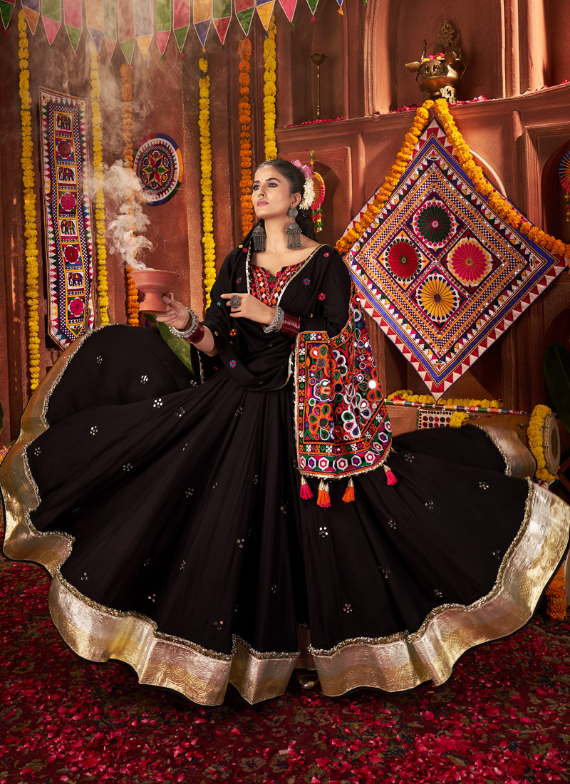 Black Viscose Cotton Thread With Mirror Work Navratri Chaniya Choli Black Viscose Cotton Thread With Mirror Work Navratri Chaniya Choli