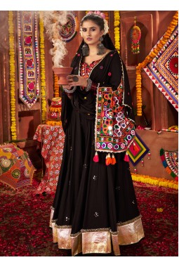 Black Viscose Cotton Thread With Mirror Work Navratri Chaniya Choli