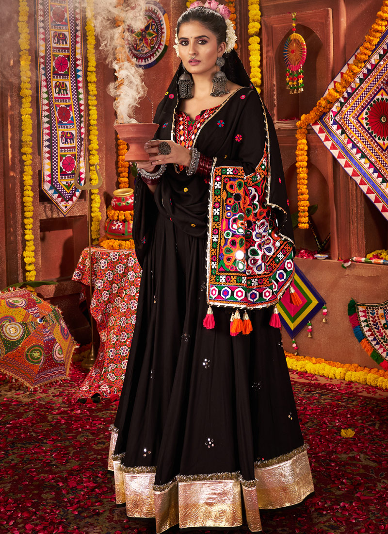 Black Viscose Cotton Thread With Mirror Work Navratri Chaniya Choli Black Viscose Cotton Thread With Mirror Work Navratri Chaniya Choli