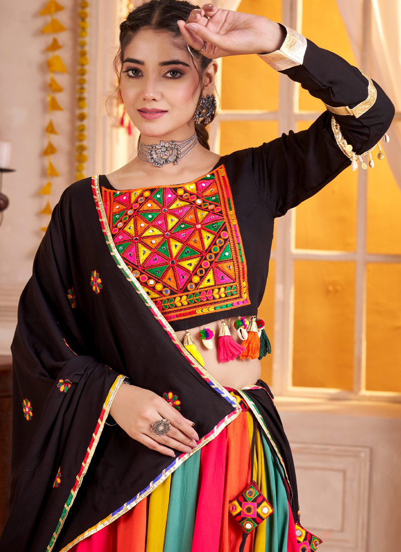 Multi Color Viscose Cotton Thread Mirror Work Navratri Chaniya Choli Multi Color Viscose Cotton Thread Mirror Work Navratri Chaniya Choli