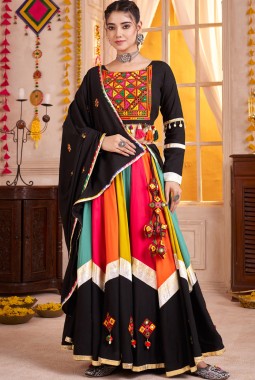 Multi Color Viscose Cotton Thread Mirror Work Navratri Chaniya Choli