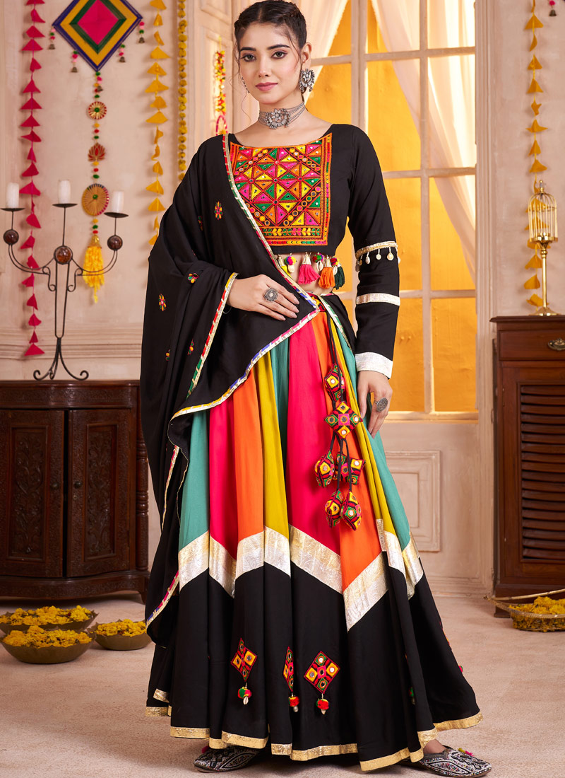 Multi Color Viscose Cotton Thread Mirror Work Navratri Chaniya Choli Multi Color Viscose Cotton Thread Mirror Work Navratri Chaniya Choli