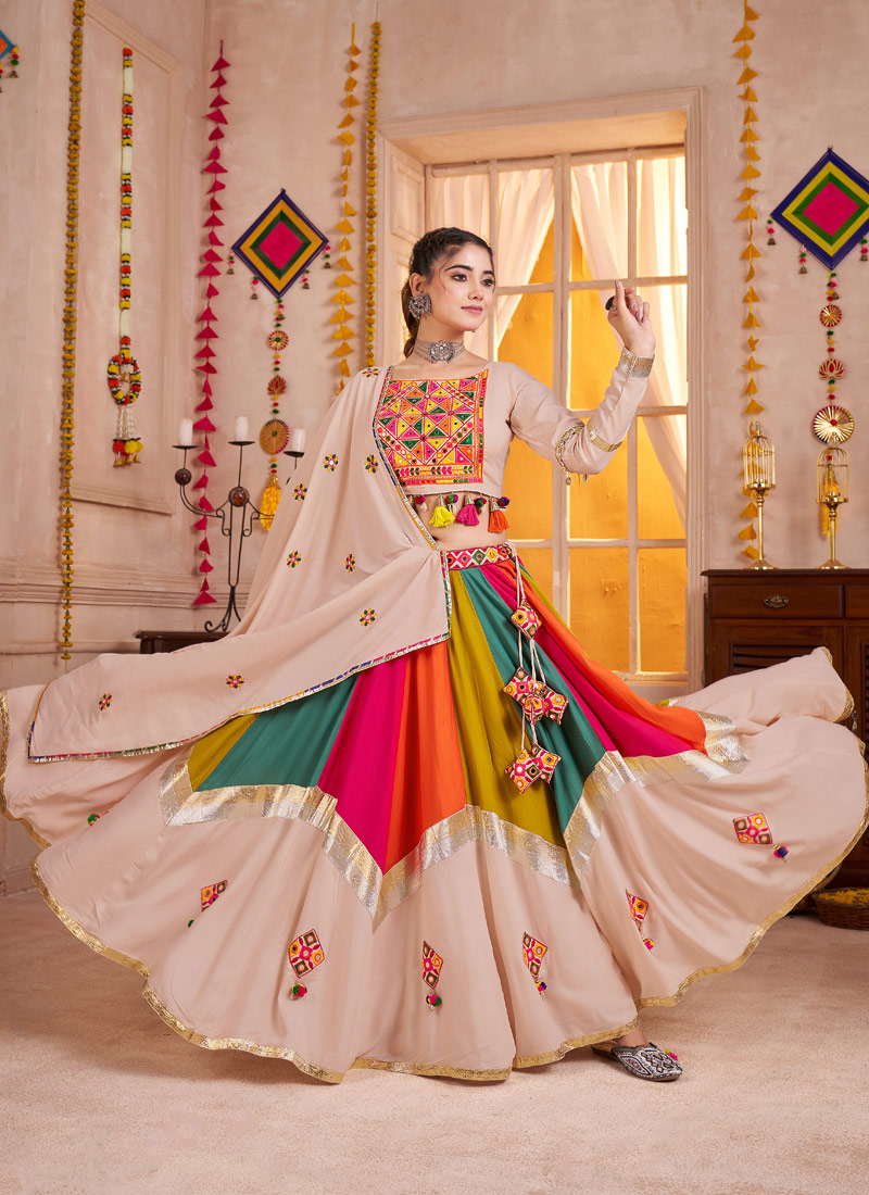 Beige Multi Color Viscose Cotton Thread Mirror Work Navratri Chaniya Choli Beige Multi Color Viscose Cotton Thread Mirror Work Navratri Chaniya Choli