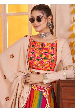 Beige Multi Color Viscose Cotton Thread Mirror Work Navratri Chaniya Choli