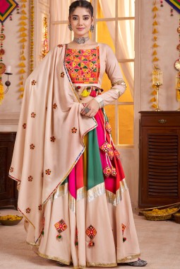 Beige Multi Color Viscose Cotton Thread Mirror Work Navratri Chaniya Choli