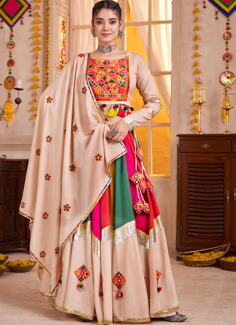 Beige Multi Color Viscose Cotton Thread Mirror Work Navratri Chaniya Choli Beige Multi Color Viscose Cotton Thread Mirror Work Navratri Chaniya Choli