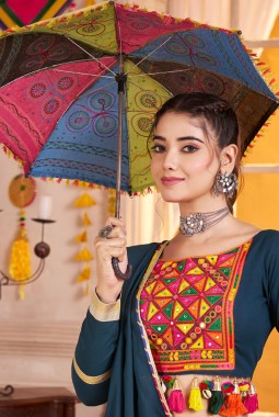 Teal Multi Color Viscose Cotton Thread Mirror Work Navratri Chaniya Choli