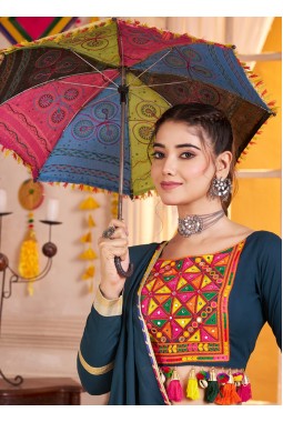 Teal Multi Color Viscose Cotton Thread Mirror Work Navratri Chaniya Choli