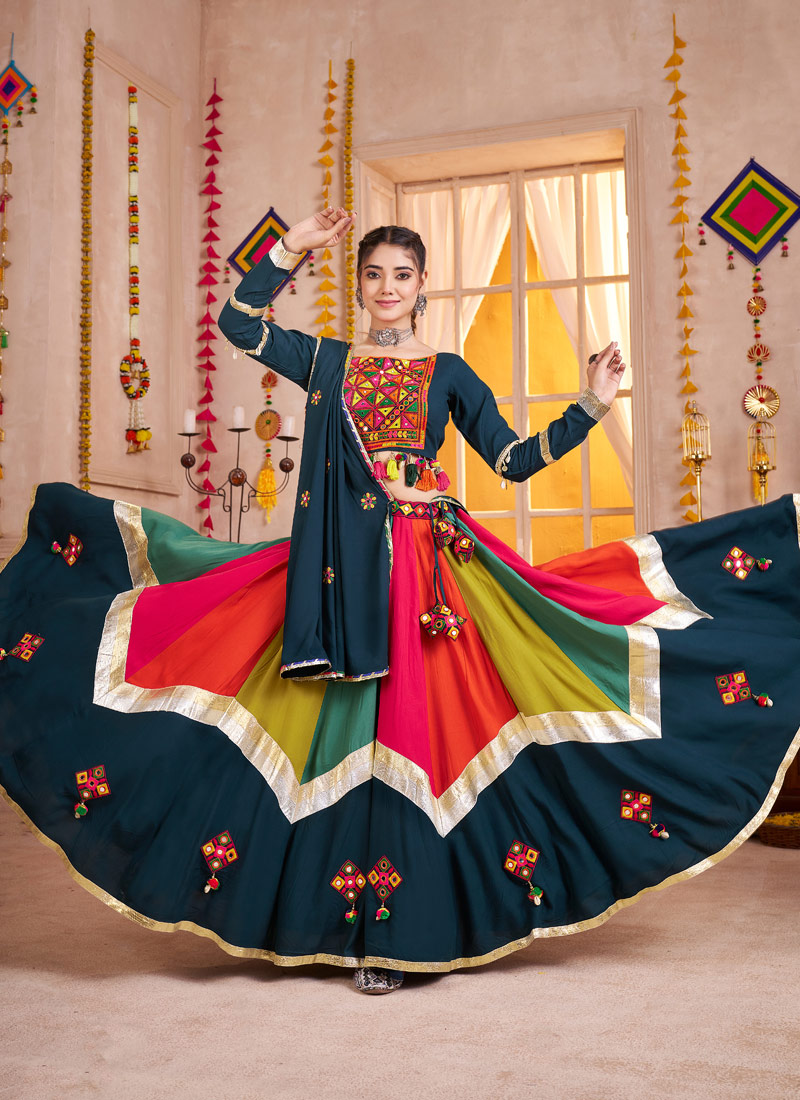 Teal Multi Color Viscose Cotton Thread Mirror Work Navratri Chaniya Choli Teal Multi Color Viscose Cotton Thread Mirror Work Navratri Chaniya Choli