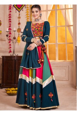 Teal Multi Color Viscose Cotton Thread Mirror Work Navratri Chaniya Choli