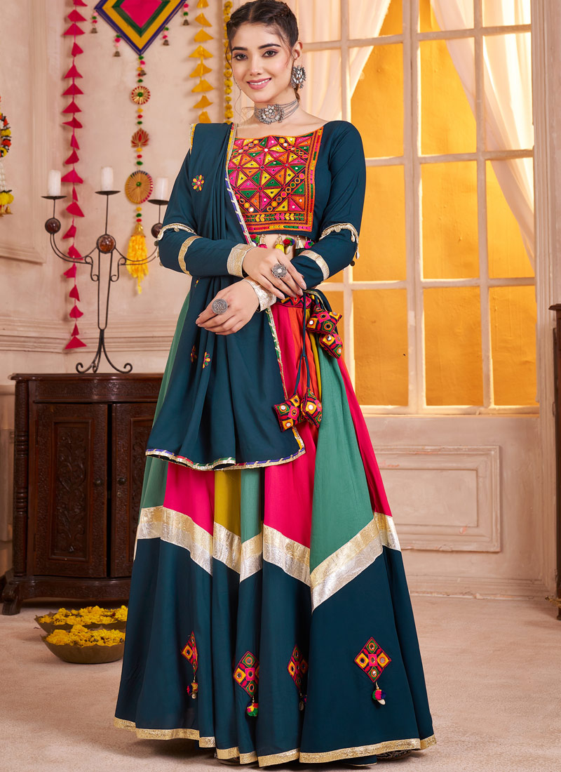Teal Multi Color Viscose Cotton Thread Mirror Work Navratri Chaniya Choli Teal Multi Color Viscose Cotton Thread Mirror Work Navratri Chaniya Choli