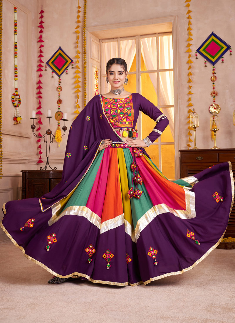Purple Multi Color Viscose Cotton Thread Mirror Work Navratri Chaniya Choli Purple Multi Color Viscose Cotton Thread Mirror Work Navratri Chaniya Choli