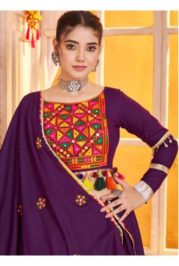 Purple Multi Color Viscose Cotton Thread Mirror Work Navratri Chaniya Choli