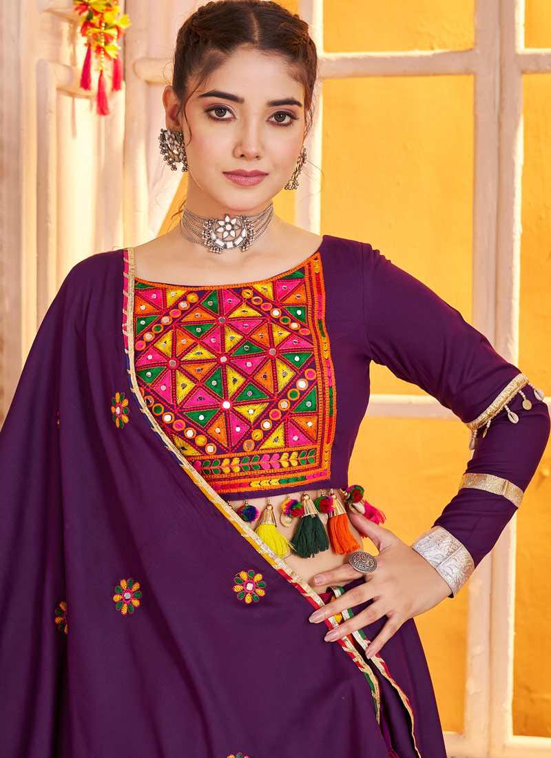 Purple Multi Color Viscose Cotton Thread Mirror Work Navratri Chaniya Choli Purple Multi Color Viscose Cotton Thread Mirror Work Navratri Chaniya Choli