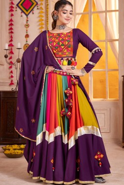 Purple Multi Color Viscose Cotton Thread Mirror Work Navratri Chaniya Choli