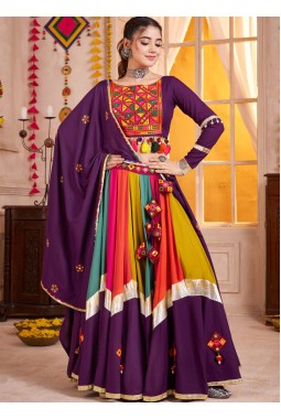 Purple Multi Color Viscose Cotton Thread Mirror Work Navratri Chaniya Choli
