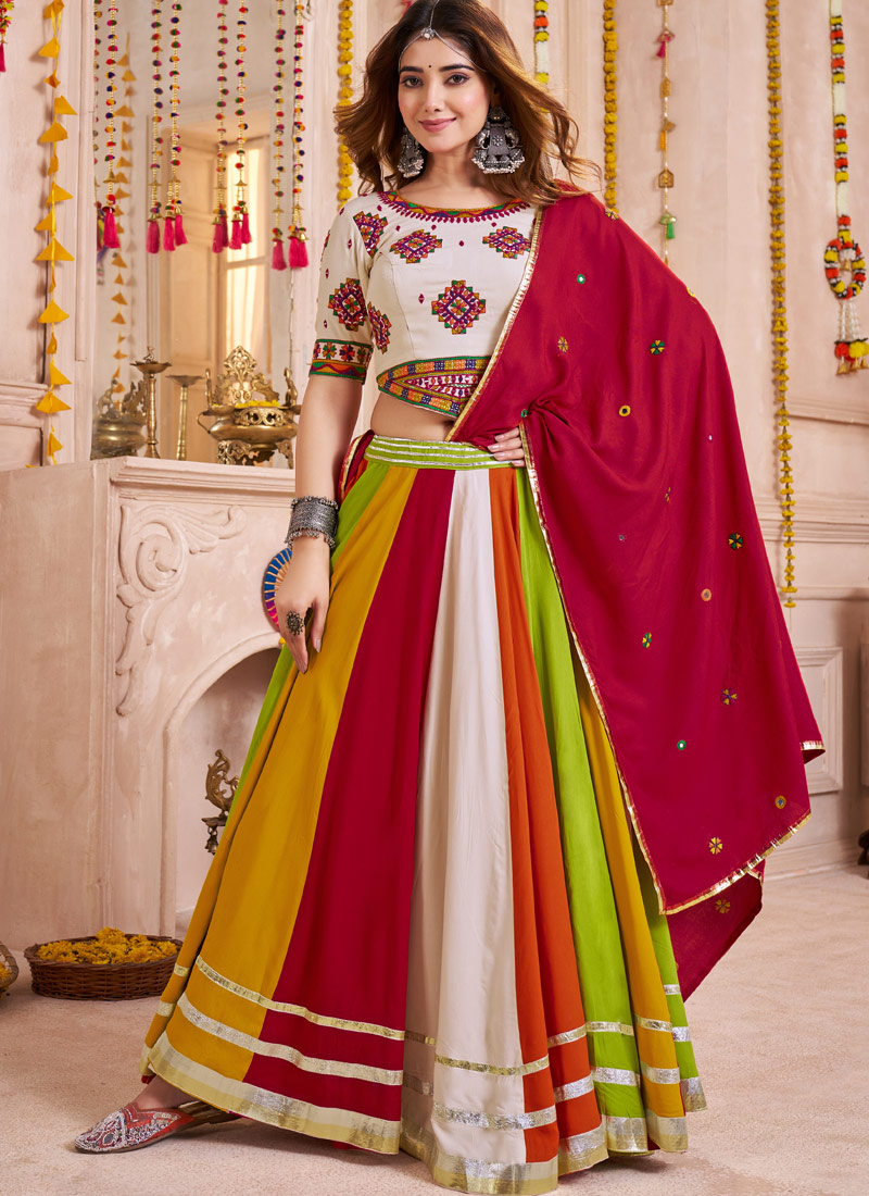 Multi Color Viscose Cotton Mirror Work Navratri Chaniya Choli Multi Color Viscose Cotton Mirror Work Navratri Chaniya Choli