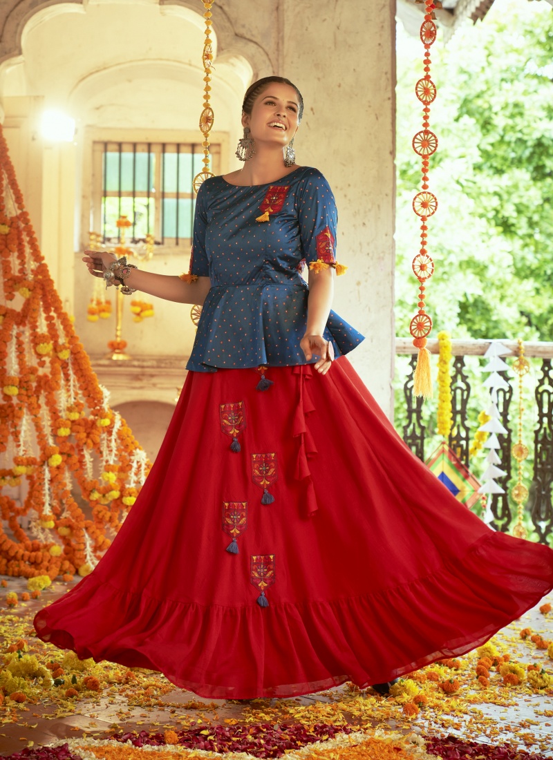 Red Art Silk Embroidery Navratri Chaniya Choli