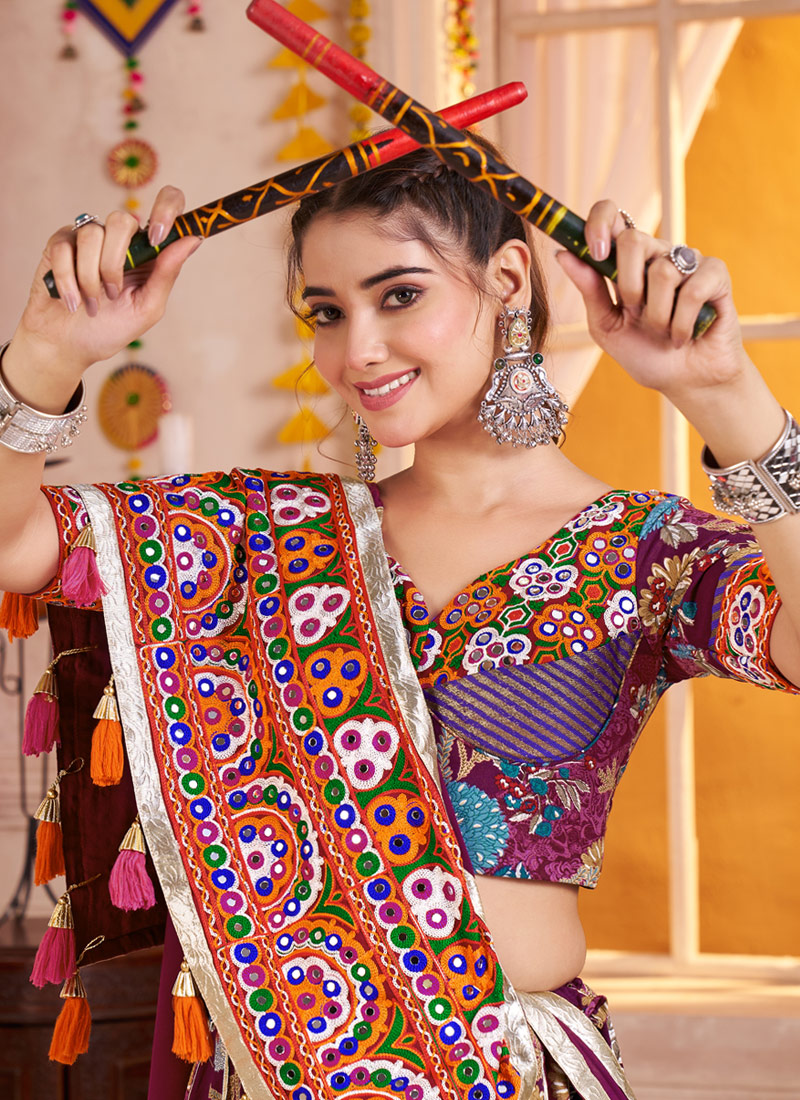 Purple Viscose Cotton All Over Print Navratri Chaniya Choli