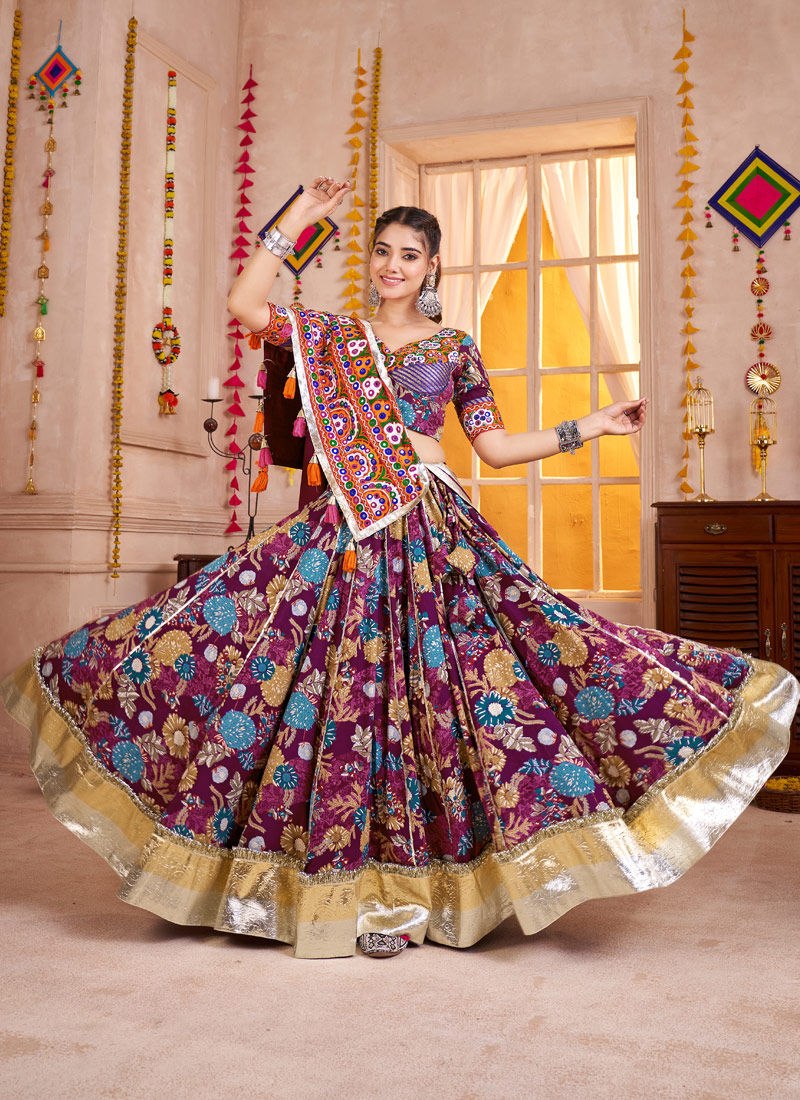 Purple Viscose Cotton All Over Print Navratri Chaniya Choli
