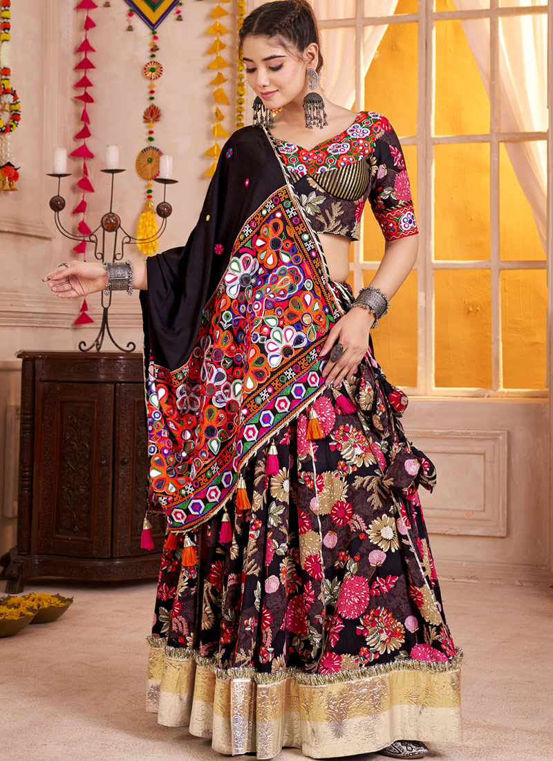 Black Viscose Cotton Lampi Border Navratri Chaniya Choli