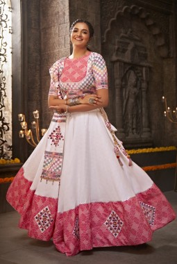 White Cotton Mirror Work Navratri Chaniya Choli