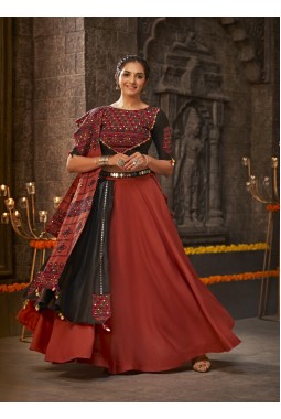 Orange Cotton Thread Mirror Embroidery Navratri Chaniya Choli