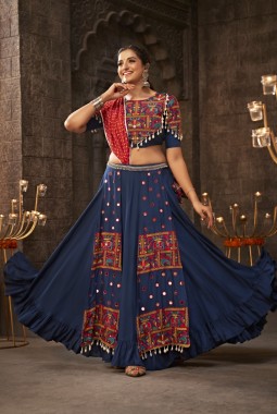 Blue Rayon Embroidery Mirror Work Navratri Chaniya Choli
