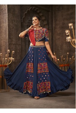 Blue Rayon Embroidery Mirror Work Navratri Chaniya Choli