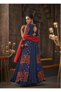 Blue Rayon Embroidery Mirror Work Navratri Chaniya Choli