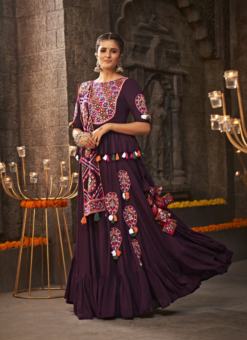 Purple Rayon Thread Mirror Embroidery Navratri Chaniya Choli