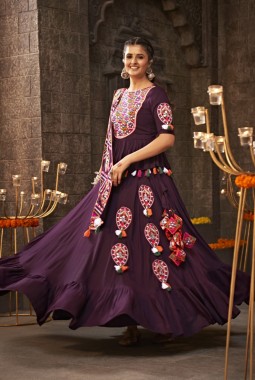 Purple Rayon Thread Mirror Embroidery Navratri Chaniya Choli