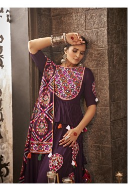 Purple Rayon Thread Mirror Embroidery Navratri Chaniya Choli