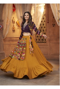 Golden Harvest Mustard Rayon Thread Embroidery Navratri Chaniya Choli