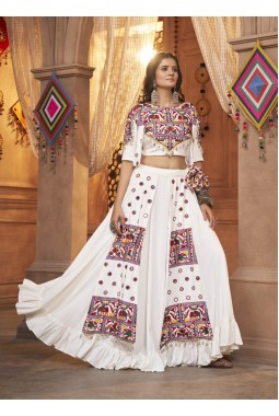 White Viscose Rayon Embroidery Navratri Lehenga Choli
