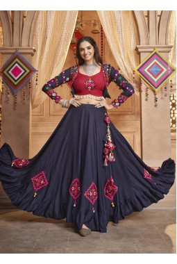 Navy Blue Viscose Rayon Embroidery Navratri Lehenga Choli